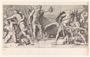 Phineus i jego zwolennicy zamienili się w kamień Obrazy w Palazzo Farnese w Rzymie (tytuł serii) Galeria nel Palazzo Farnese w Rzymie (tytuł serii) autorstwa Carlo Cesio