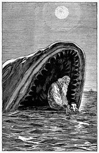 Ilustracja przedstawiająca Pinokia autorstwa Carlo Chiostriego (1863-1939), jednego z pierwszych włoskich ilustratorów dzieł Collodiego. Drewniana kukiełka i jego ojciec Gepetto uciekną z paszczy ogromnego rekina, który ich połknął.