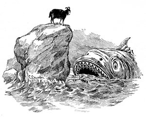 Ilustracja przedstawiająca Pinokia autorstwa Carlo Chiostriego (1863-1939), jednego z pierwszych włoskich ilustratorów dzieł Collodiego. Drewniana kukiełka zostanie połknięta przez strasznego rekina, pomimo pomocy niebieskiej opłaty, która przybrała wygląd