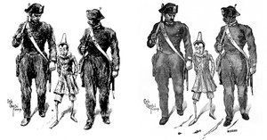 Pinokio – Carlo Chiostri (1863-1939), jeden z pierwszych włoskich ilustratorów dzieł Collodiego (Carlo Lorenzini). Dwóch żandarmów bierze drewnianą kukiełkę. Obraz po lewej to oryginalny rysunek Chiostriego, ten po prawej to grawerowanie carri