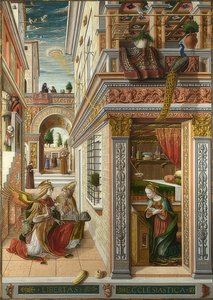 Zwiastowanie ze św. Emidiuszem. 1486 autorstwa Carlo Crivelli