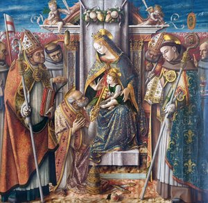 Jana Kapistrana, św. Emidiusza, św. Franciszka, św. Ludwika z Tuluzy, bł. Giacomo della Marca i biskupa: Madonna z Dzieciątkiem na tronie, przekazanie kluczy św. Piotrowi Apostołowi i św. autorstwa Carlo Crivelli