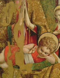 Madonna z Dzieciątkiem, detal Dzieciątka Jezus, z środkowego panelu drugiego tryptyku z tempera Valle Castellamo na fragmencie panelu z 76632 autorstwa Carlo Crivelli
