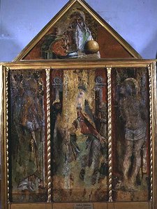 Madonna z Dzieciątkiem ze świętymi, pierwszy tryptyk Doliny Castellano (tempera na desce) autorstwa Carlo Crivelli