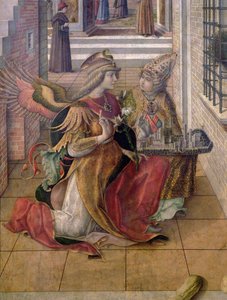 Zwiastowanie ze św. Emidiuszem, detal przedstawiający archanioła Gabriela ze świętym, 1486 (tempera i olej na płycie) (detal z 97895) autorstwa Carlo Crivelli