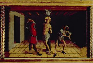 Biczowanie Chrystusa, środkowy prawy panel predelli z poliptyku San Silvestro, 1468 (tempera na płycie) (zob. 76657) autorstwa Carlo Crivelli