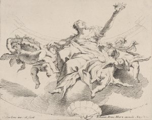 Moc, reprezentowana przez siedzącą na chmurach kobietę trzymającą koronę i otoczoną puttami,..., 1725-75.