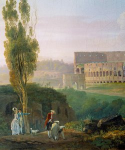 Grupa postaci, mężczyzna rysujący przed ruinami Colisee. Obraz Carlo Labruzzi (1765-1818)