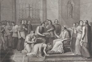 Kobieta klęka, by ucałować stopę papieża Piusa VII, z tłumem za nią po lewej, 1814-50
