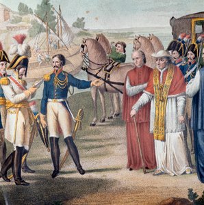 Papież Pius VII (Pio) (1742-1823) został aresztowany po powrocie do Włoch przez armię austro-neapolitańską pod Parmą 25 marca 1814 r. - Grawerowanie autorstwa Carlo Lasinio (1759-1838) - Litografia kolorowa (aresztowanie papieża Piusa VII (1742-1823) po po
