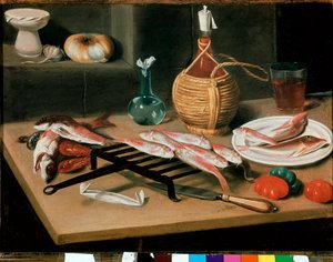 Martwa natura Stół z grillowanymi talerzami rybnymi (cefal) i butelką wina (damigiana). Obraz Carlo Magini (1720-1806). Faenza, Pinacoteca comunale autorstwa Carlo Magini