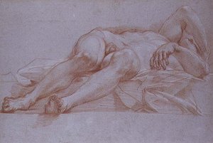 Studium do figury Sysery, kreda na papierze, ok. 1680: wstępny rysunek do mozaiki Jael i Sysery do kaplicy Ofiarowania w Bazylice św. Piotra w Rzymie. autorstwa Carlo Maratta or Maratti