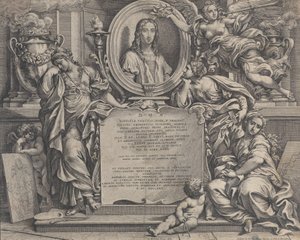 Frontyspis z owalnym portretem Rafaela, z trzema alegorycznymi postaciami Sztuki sup..., 1675.