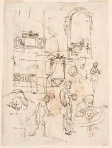 Rysunek, szkice architektoniczne i figuralne, ok. 1760 r. autorstwa Carlo Marchionni