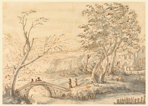 Rysunek, Krajobraz z mostem, 1770-1786 autorstwa Carlo Marchionni