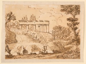 Rysunek, Krajobraz z ruinami świątyni, 1770-1786 autorstwa Carlo Marchionni