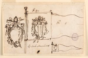 Rysunek, Trzy szkice do sztandaru papieża Benedykta XIV, 1740-58 autorstwa Carlo Marchionni