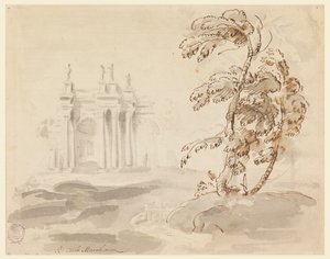 Rysunek, Drzewo w krajobrazie z budynkiem, 1756-78 autorstwa Carlo Marchionni