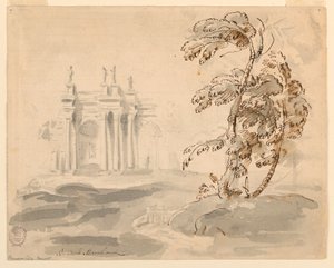 Rysunek, Drzewo w krajobrazie z budynkiem, 1756-78 autorstwa Carlo Marchionni