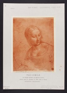 Studie eines weiblichen Büstenbildes, Zeichnung von Leonardo da Vinci (1452-1519) aus der Sammlung der R. Accademia di Belle Arti in Venedig; Tafel aus der Mappe: "Fac-simile dei disegni originali dei maestri classici esistenti nella R. Academia di Belle A autorstwa Carlo Naya