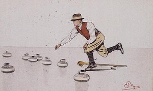 Mężczyzna rzucający kamień w grze w curling (kolor lito) autorstwa Carlo Pellegrini