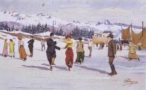 Łyżwiarze na lodowisku (kolor lito) autorstwa Carlo Pellegrini