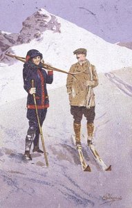 Narciarze w Adelboden (kolor lito) autorstwa Carlo Pellegrini