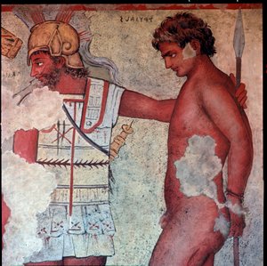 Cywilizacja etruska: „”przedstawienie ofiary jeńców trojańskich w hołdzie Patroclusowi”””reprodukcja przez Carlo Ruspi (1786-1863) fresków z IV wieku pne z Grobowca Francois Vulci. Florencja, Muzeum Archeologiczne autorstwa Carlo Ruspi