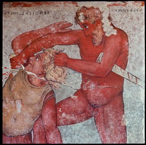 Cywilizacja etruska: „”przedstawienie ofiary jeńców trojańskich w hołdzie Patroclusowi”””reprodukcja przez Carlo Ruspi (1786-1863) fresków z IV wieku pne z Grobowca Francois Vulci. Florencja, Muzeum Archeologiczne autorstwa Carlo Ruspi