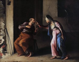 Zaprzeczenie św. Piotra. Obraz Carlo Saraceni (1579-1620). Olej na płótnie. Wymiary: 38x48cm. Musee Granet, Aix en Provence. autorstwa Carlo Saraceni