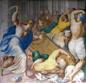 Jezus Chrystus wypędza kupców z bram Świątyni. Fresk autorstwa Carlo Urbino. Mediolan, S. Maria della Passione. autorstwa Carlo Urbino