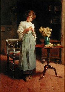 Dziewczyna w domku przy stole i krześle (akwarela na papierze) autorstwa Carlton Alfred Smith