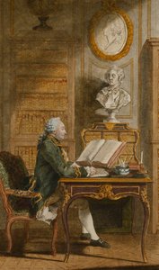 Monsieur de Cormainville w swojej bibliotece, pisząc przy swoim biurku, autorstwa Carmontelle