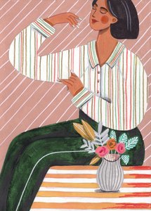 Kobieta w koszuli w paski i zielonych spodniach autorstwa Caroline Bonne Müller