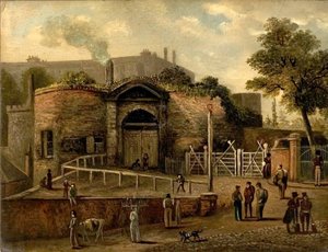Widok na bramę zamkową, Nottingham (olej na pokładzie) autorstwa Caroline Mary Price