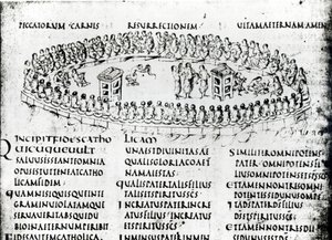 Ilustracja przedstawiająca scenę z jednego z Psalmów, z Psałterza Utrechckiego, kopia oryginału z Reims obecnie w Bibliotece Uniwersyteckiej w Utrechcie (pióro i atrament)