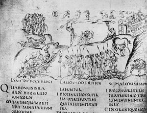 Ilustracja przedstawiająca różne sceny z jednego z Psalmów, z Psałterza Utrechckiego, kopia oryginału z Reims obecnie w Bibliotece Uniwersyteckiej w Utrechcie (pióro i atrament)