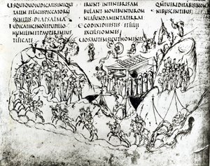 Różne sceny ilustrujące psalm z Psałterza Utrechckiego, kopia oryginału z Reims obecnie w Bibliotece Uniwersyteckiej w Utrechcie (pióro i atrament)
