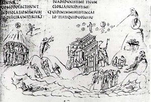 Różne sceny ilustrujące jeden z psalmów, z psałterza utrechckiego, kopia oryginału z Reims obecnie w Bibliotece Uniwersyteckiej w Utrechcie (pióro i atrament)