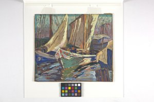 Łodzie rybackie w porcie (gwasz na brązowym papierze) autorstwa Carolyn Bradley