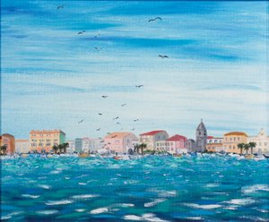 Scena morska z domami, 1995 (akryl na płycie) autorstwa Carolyn Hubbard Ford