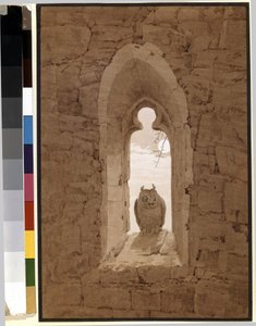 Sowa w gotyckim oknie. Praca Caspara Davida Friedricha (1774-1840), ołówek, pędzel i sepia na papierze autorstwa Caspar David Friedrich