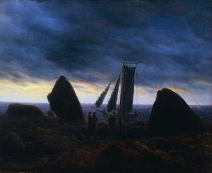 Przepływ łodzi rybackich na plaży nad Bałtykiem; Kuter rybacki między głazami na plaży Morza Bałtyckiego, autorstwa Caspar David Friedrich