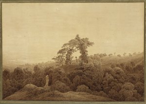 Krajobraz nadmorski z krzyżem i posągiem autorstwa Caspar David Friedrich