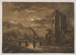 Krajobraz z mostem zwodzonym i ruiną w świetle księżyca autorstwa Caspar David Friedrich