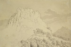 Skaliste wzgórze z zalesionym wzgórzem z przodu (ołówek, długopis i toaleta umyć na papierze) autorstwa Caspar David Friedrich