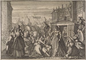 Kobiety klęczące przed królową Anną w Paryżu, błagające ją o obniżenie podatków, 1645 autorstwa Caspar Luyken (attributed to)