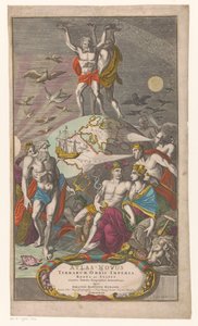Atlas en Hercules dragen sternerhemel Titelpagina voor: Johann Baptista Homan, Nowy atlas światowych imperiów, królestw i stanów z dokładnymi tablicami geograficznymi, 1710 autorstwa Caspar Luyken