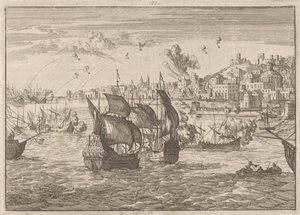 Genua zbombardowana przez flotę francuską, 1684 autorstwa Caspar Luyken