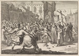 W Gdańsku lud wita procesja kamiennymi schodami, 1678 autorstwa Caspar Luyken